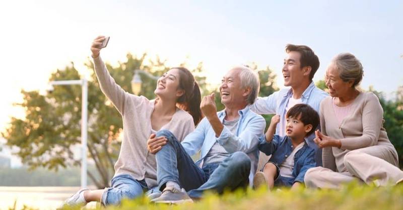 three generation happy asian family