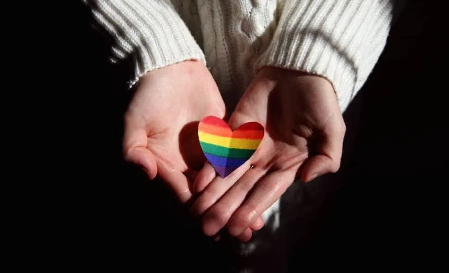 person holding rainbow colored heart shape sign