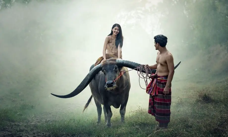 lady on a buffalo with a man holding the horn