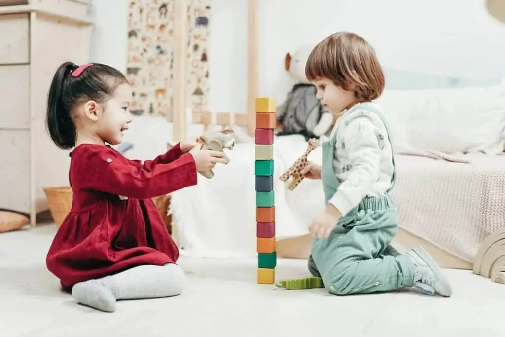 toddlers playing with toy blocks