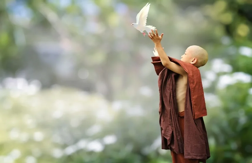 Buddhist monk boy releasing a dove